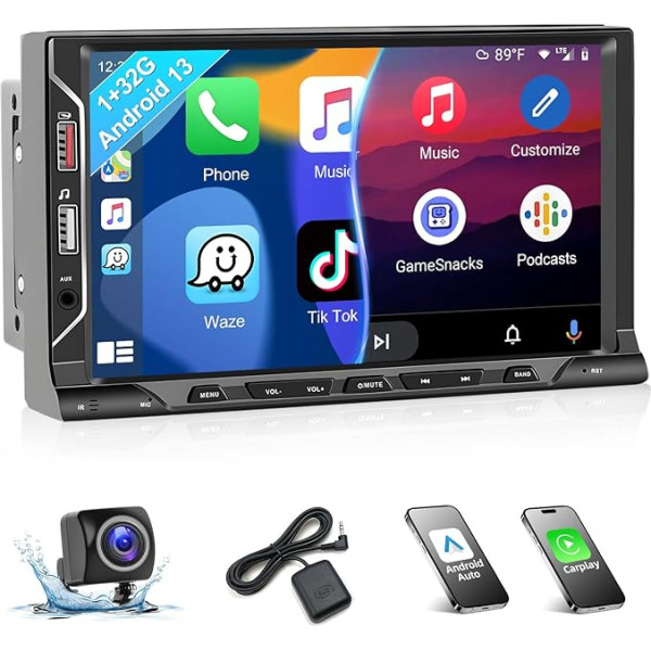 Podofo Auto radio Double DIN ar bezvadu Apple Carplay Android Bluetooth, Android 13 Auto radio 2 DIN ar 7 collu skārienjūtīgo ekrānu ar WLAN GPS FM/RDS + atpakaļgaitas kamera