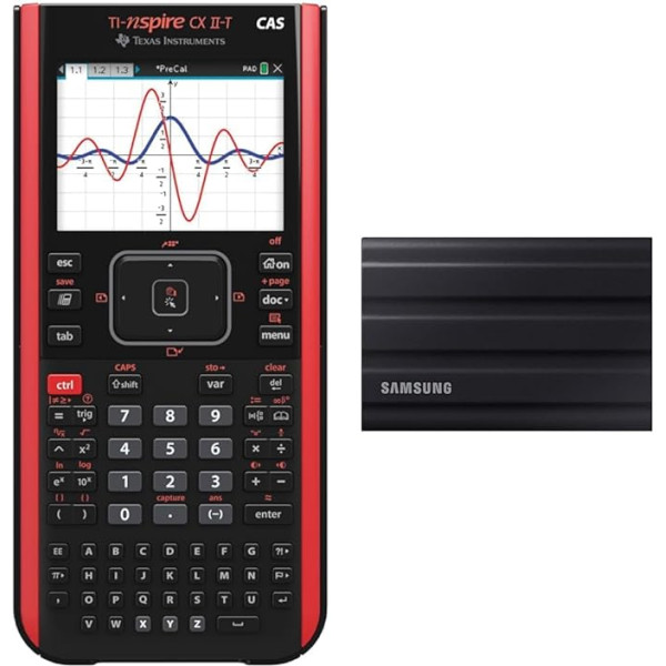 TEXAS INSTRUMENTS CX CAS II FC TI-Nspire CX II-T CAS jaunā, videi draudzīgā kartona iepakojumā, melnā krāsā & Samsung Portable SSD T7 Shield, 2 TB, USB 3.2 Gen.2