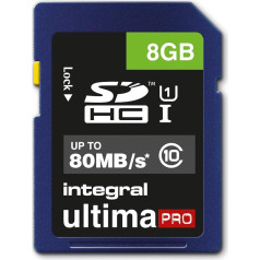 Integrēta SDHC 8GB Class 10 ULTIMAPRO UHS-1 1 klases ātrdarbība līdz 80 MB/s pārsūtīšanas ātrums