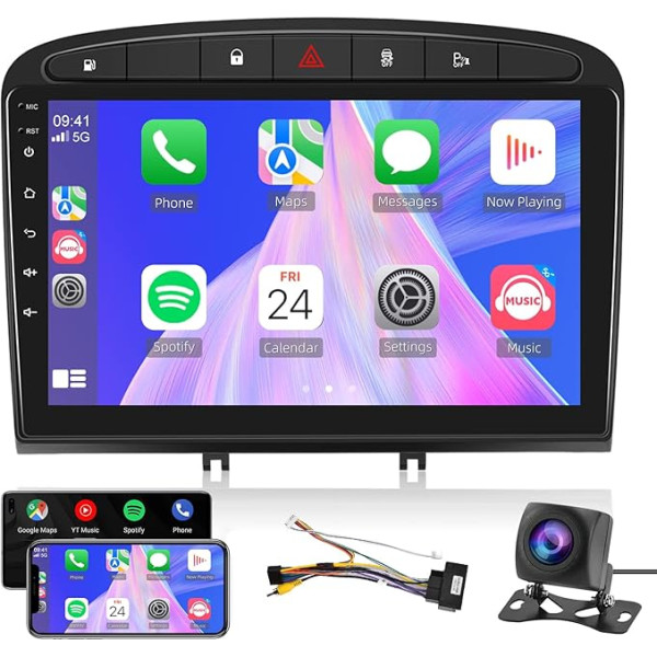 Podofo Carplay auto radio navigācija Peugeot 308/408 2007-2013, Android 2G + 64G HiFi, 9 collu skārienjūtīgais ekrāns Android auto WiFi Bluetooth FM RDS radio USB auto GPS atskaņotājs Peugeot308 + AHD aizmugures skats