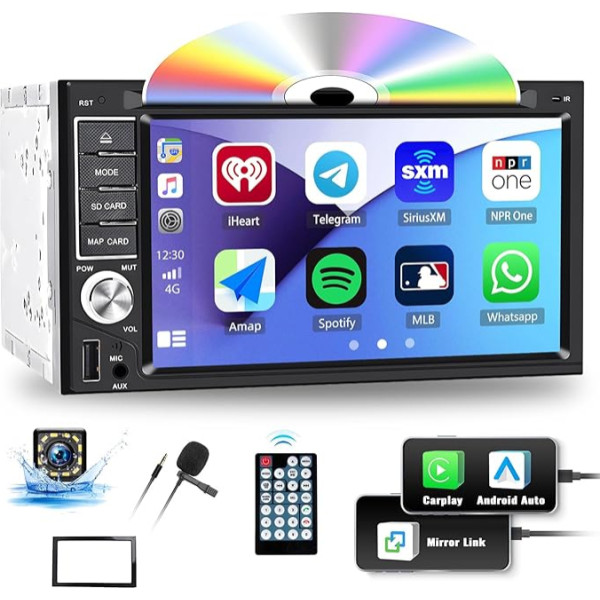 Auto 2Din radio ar CD/DVD MP5 multimediju atskaņotājs ar CarPlay Android Car, 6,2 collu skārienjūtīgais ekrāns ar Mirror Link/Bluetooth/EQ/Subwoofer/AUX-in/SWC/FM&AM&RDS Radio/USB + atpakaļgaitas kamera