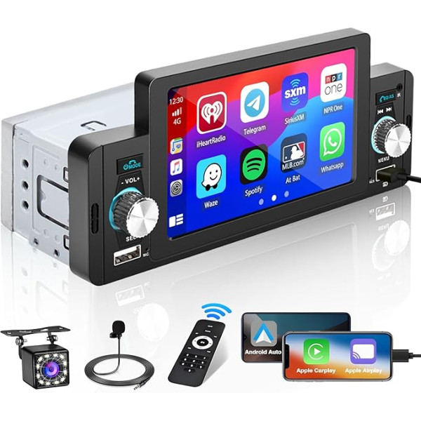 Hikity Auto radio 1 DIN CarPlay ar 5 collu ekrānu Android auto radio Bluetooth Touch displejs ar Mirror Link USB BT FM radio atbalsts Stūres kontrole + atpakaļgaitas kamera + mikrofons