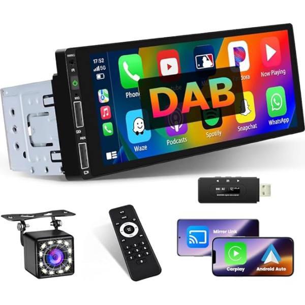 Hikity DAB Autoradio 1Din Wireless Carplay Android Automit Bildschirm 6.9 Zoll Touchscreen 1Din Radio Bluetooth mit Bluetooth-Freisprecheinrichtung FM AUX 2USB SWC Mirror Link Rückfahrkamera