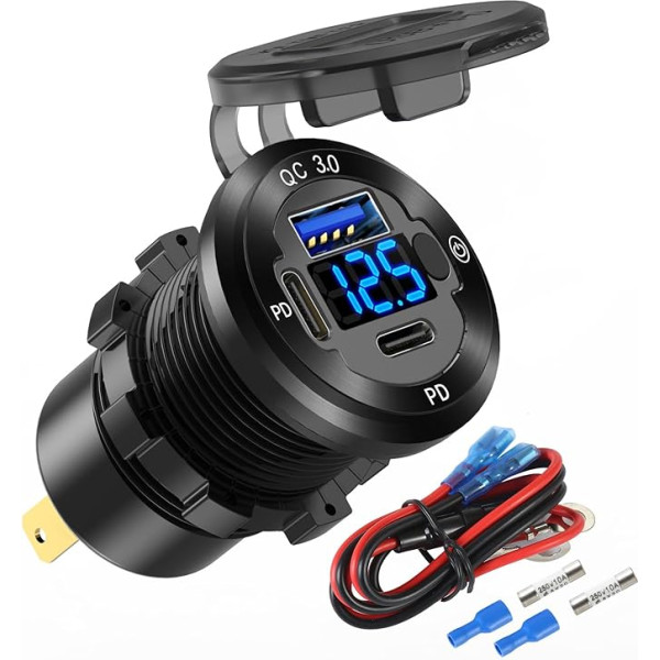 12 V USB Car Socket, Round USB C 12 V Socket, 3-Port Marine USB Quick Charger, Waterproof Cigarette Socket, USB Replacement Aluminium with Switch & Voltmeter, Suitable for Boat, Golf, Cart, Motorcycle