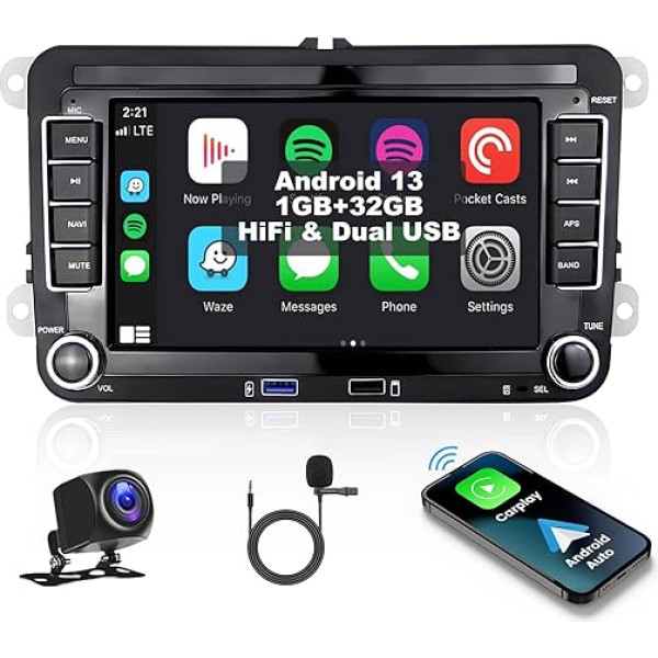 1G+32G SIXWIN Android 13 Autoradio für VW Golf 5 6 mit Wireless Apple Carplay Android Auto HiFi,7 Zoll HD Bildschirm mit WiFi FM/RDS Radio Dual USB SWC + Rückfahrkamera Mic