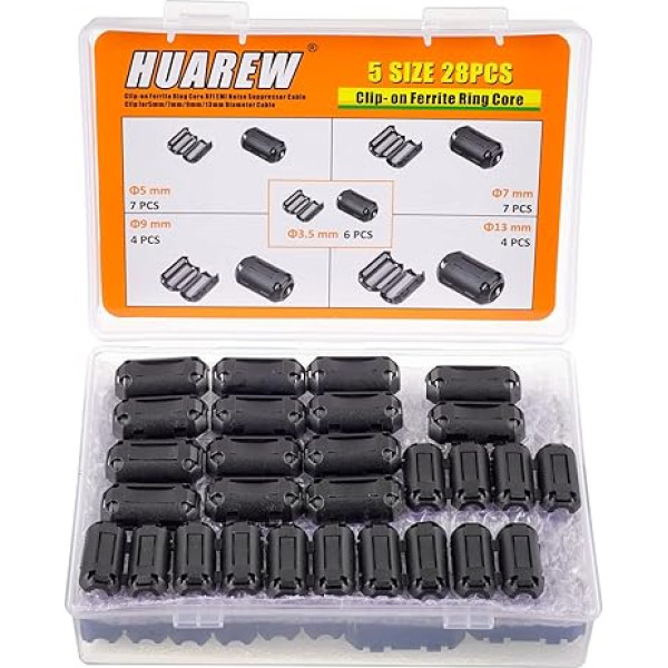 HUAREW 28 x melna kabeļu skava 3,5 mm, 5 mm, 7 mm, 9 mm, 13 mm diametram