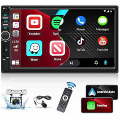 Hikity Double DIN auto radio Bluetooth ar Apple Carplay/Android Car/Mirror Link 7 collu skārienjūtīgais ekrāns Auto radio 2 DIN ar ekrānu FM radio USB AUX TF Stūres kontrole atpakaļgaitas kamera