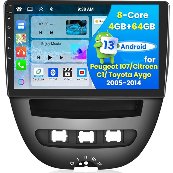 10,1 Zoll Android 13 Autoradio für Peugeot 107/Citroen C1/ Toyota Aygo 2005-2014, 8-Core 4G+64G, Wireless CarPlay und Android Auto, Touchscreen DSP 32EQ RDS Rückfahrkamera