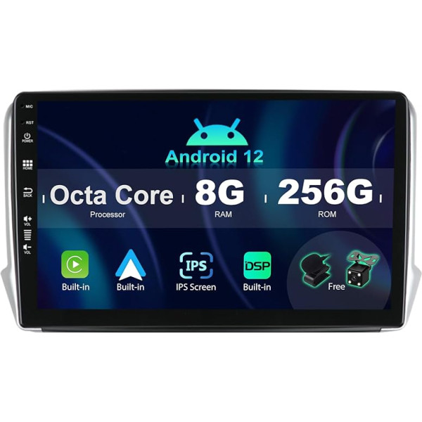 SXAUTO ¦ 8G + 256G ¦ Android 12 IPS autoradio Peugeot 208/2008 (2012-2018) - Iebūvēts Carplay/Android Car/DSP - LED kamera + MIC - DAB stūres vadība Fast Boot 360-CAM WiFi - 2 DIN 10.1