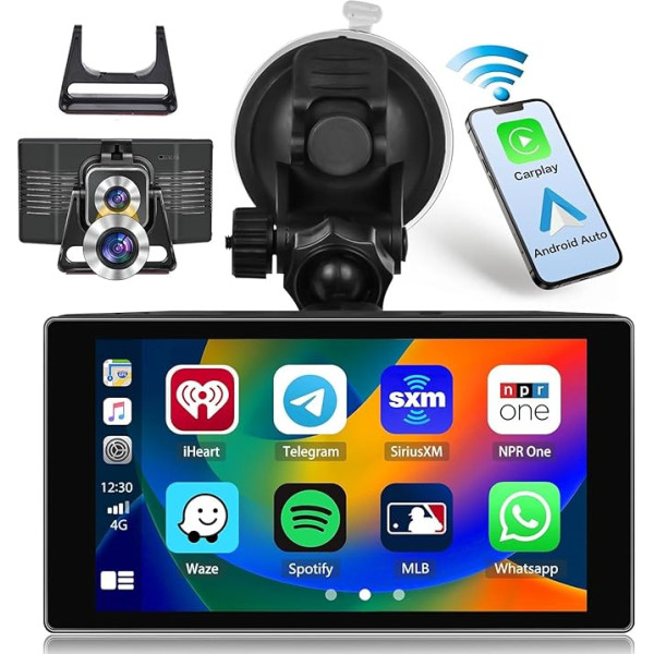 Hikity Portatīvais bezvadu autoradio Apple Carplay Android automašīnā, 5 collu Full HD skārienjūtīgais navigācijas ekrāns Portatīvais CarPlay autoradio ar 4K Dashcam Loop Recording Bluetooth FM raidītājs Aux-in C tipa 64G