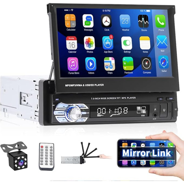 Auto radio 1 DIN Bluetooth ar 7 collu HD izvelkamo ekrānu Radio ar Bluetooth brīvroku komplektu USB FM Mirror Link AUX atpakaļgaitas kamera