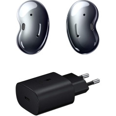 Samsung Galaxy Buds Live bezvadu Bluetooth austiņas ar trokšņu slāpēšanu (ANC), izturīgu akumulatoru, melnas krāsas (caurspīdīga versija) un ātro lādētāju, 25 W, C tipa USB ports (bez kabeļa)