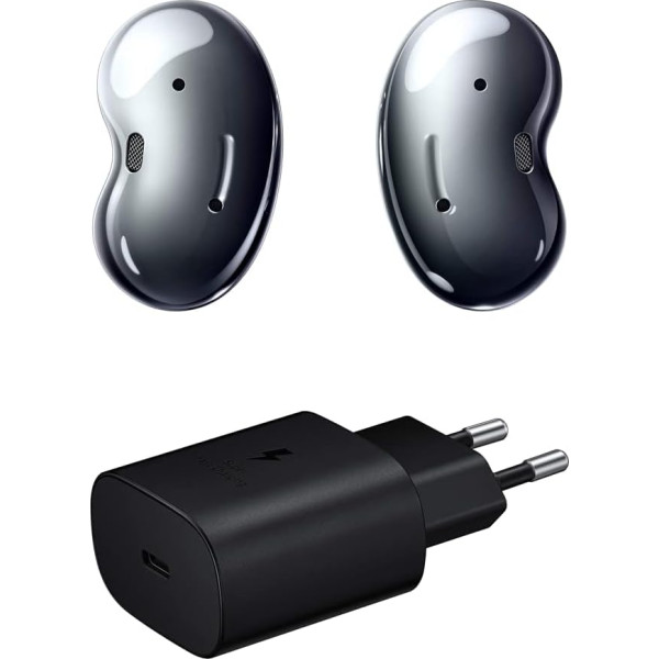 Samsung Galaxy Buds Live bezvadu Bluetooth austiņas ar trokšņu slāpēšanu (ANC), izturīgu akumulatoru, melnas krāsas (caurspīdīga versija) un ātro lādētāju, 25 W, C tipa USB ports (bez kabeļa)