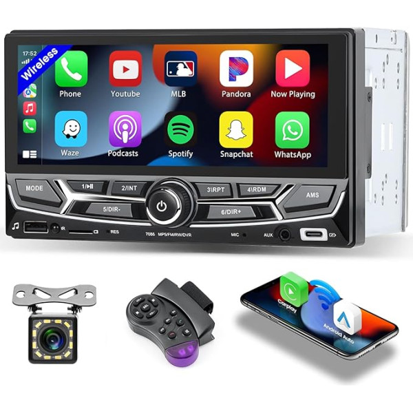 Hikity Double DIN auto radio Bluetooth ar 6,86 collu ekrānu, skārienjūtīgais auto radio ar bezvadu CarPlay Android auto FM radio Bluetooth USB SWC Mic atpakaļgaitas kamera