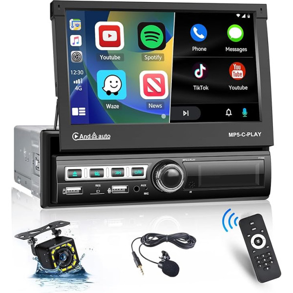 Hikity Auto Radio 1Din ar Apple Carplay un Android Car, 7 collu automātiskais izvelkamais skārienjutīgais ekrāns ar Bluetooth brīvroku sistēmu Mirrorlink FM USB AUX TF SWC, mikrofons, atpakaļgaitas kamera