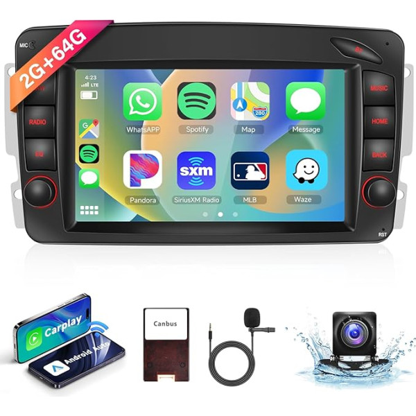 2G + 32G: Apple Carplay 7 collu auto radio 2 DIN Mercedes-Benz W209 Bezvadu Android auto ar Bluetooth/Navi FM/RDS radio/Airplay + AHD atpakaļgaitas kamera/CANBUS