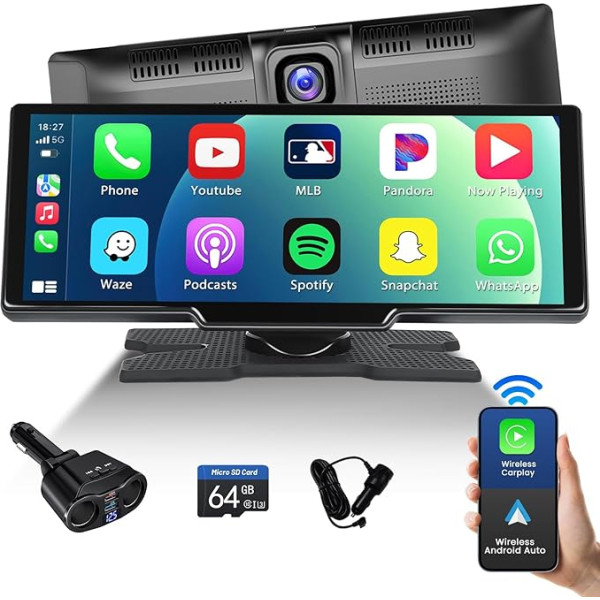 Hikity 9,3 collu IPS skārienjūtīgais ekrāns Portatīvais auto radio ar bezvadu Apple Carplay Android automašīnā, Dual Camera, 64G TF karte, DVR, WDR, balss vadība, dalīts ekrāns, lādētāja adapteris, AUX/Type-C