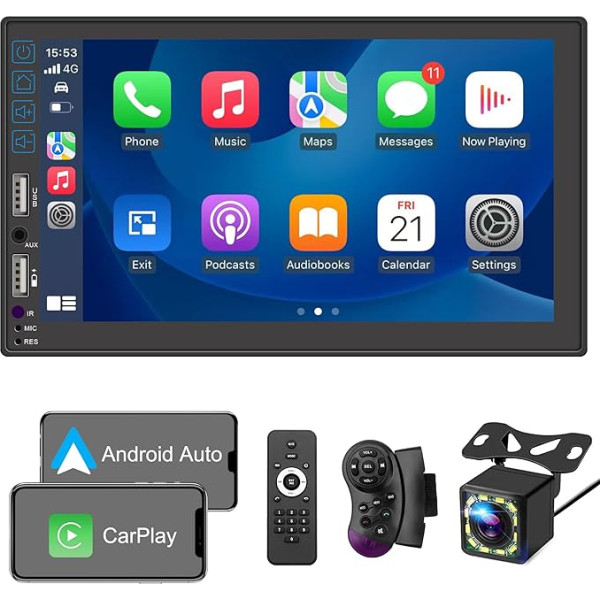 Racodiary Auto radio 2 DIN, saderīgs ar Apple Carplay un Android Car, 7 collu HD skārienekrāns ar MirrorLink, Bluetooth 5.2 auto radio ar aizmugures skata kameru, RDS/AM/FM, USB/AUX/A/V-IN/SWC/Charging