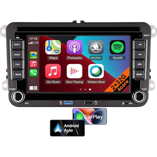 Android 13 auto radio VW Golf, Polo, Passat, Tiguan, Beetle ar CarPlay un Android Car, 7 collu auto radio ar dubulto USB portu, GPS navigāciju, aizmugures skata kameras atbalsts (4 kodolu 2GB + 32GB)