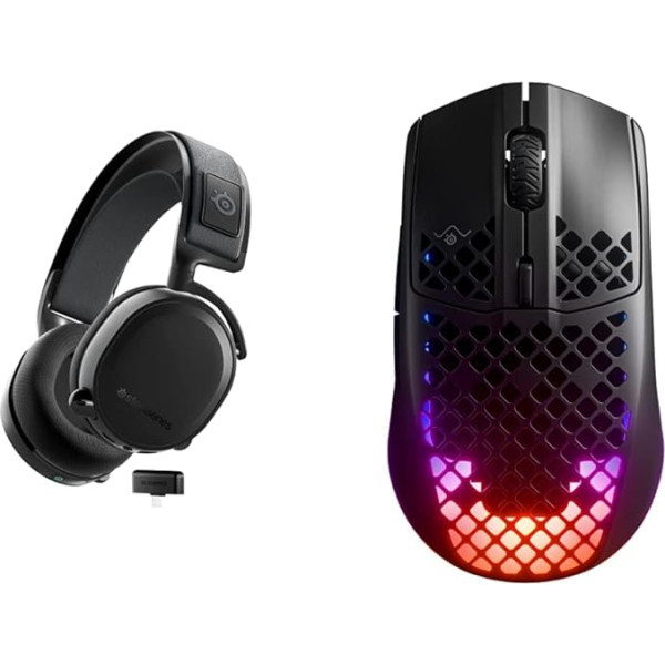 SteelSeries Arctis 7+ bezvadu spēļu austiņas - 2,4 GHz bezzaudējumu savienojums - 30 stundu akumulatora darbības laiks Black & Aerox 3 Wireless Onyx (2022) - īpaši viegla spēļu pele 200 stundu akumulatora darbības laiks