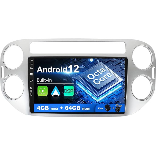 SXAUTO Android 12 IPS Autoradio für VW Tiguan 1 NF (2006-2017) - Eingebaut Carplay/Android Auto/DSP - LED Kamera + MIC - 4G+64G - DAB 360-CAM Lenkradsteuerung Fast-boot WIFI AHD - 2 Din 9 Zoll -Silber