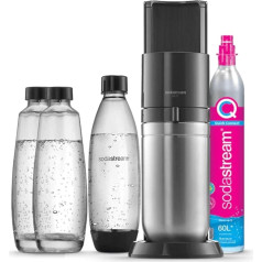 SodaStream Duo ūdens karbonizatora komplekts ar 1x ātrās savienošanas CO2 balonu, 2x 1L stikla pudeli un 1x 1L plastmasas pudeli, ko var mazgāt trauku mazgājamā mašīnā, augstums: 44 cm, krāsa: Titanium