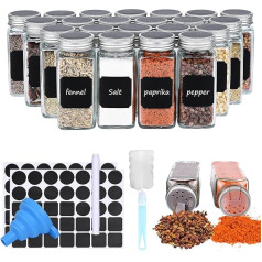 zzolee - Spice Jars Square Pack of 24, 120 ml garšvielu burciņu stikla komplekts ar vāku, garšvielu burciņas ar 2-in-1 šeikera ieliktni, tukša etiķete, silikona piltuve, tīrīšanas birste, marķieris