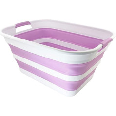 SAMMART 27L Collapsible Plastic Laundry Basket - Foldable Pop Up Storage Basket (1, White/Pale Purple/White)