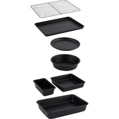 Salter BW12572EU7 Bakes Stackable 7-Piece Bakeware Set - Non-Stick with Baking Tray, Cake Tin, Pie Pan, Brownie Pan, Roasting Tin, Cooling Rack, Compact Storage, Oven Safe up to 220°C, Black