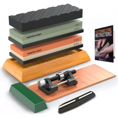 Knife Sharpening Stone Set 400/1000 and 3000/8000 Grit Professional, Safe Knife Sharpener Set Whetstone Set Contains Flattening Stone, Bamboo Base and 2 Non-Slip Rubbers