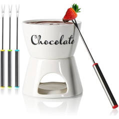 com-four® Chocolate Fondue Set with Lettering, Melting Pot for Chocolate and Cheese, Ceramic Bowl with Tea Light Holder and 4 Forks, Melting Pot Dip Bowl for 4 People (White, Lettering)