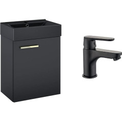 VBChome Bathroom Furniture Set 45 cm Black Matt Sink with Wall Cabinet with Armature Black Wash Basin 1-Door Soft-Close Washbasin Tap Black Modern Elegant