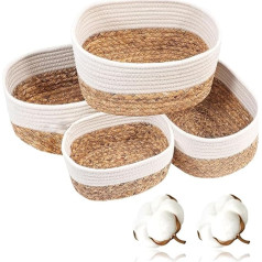 Storage Basket Baskets Storage Set of 4 Baskets Woven Made of Water Hyacinth and Cotton, Bathroom Organiser for Decorative Kitchen Storage Bathroom, Bedroom