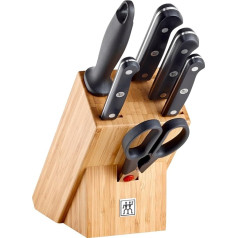 ZWILLING Gourmet nažu bloks, 7 daļas (nazis, asinātājs, šķēres un bloks), nerūsējošais speciālais tērauds, ergonomisks plastmasas rokturis, melns, ražots Vācijā