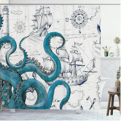 GOOESING Cool Octopus dušas aizkars Anime Jūras dušas aizkars Teal Octopus dušas aizkars Buru laivu Pirāts dušas aizkars Poliesters Ūdensizturīgs dušas aizkars 183 x 183 cm