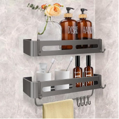 BELICOO Duschablage Ohne Bohren, 2 Stück Duschregal Badezimmer Regal, Raum Aluminium Shower Shelf mit 4 Beweglichen Haken, Shampoo Halterung für Dusche