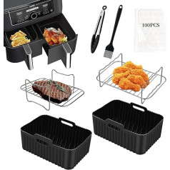 Heißluftfritteuse Zubehör mit 2 Airfryer Silikonform,Doppelschicht Grillrost,Dual Zone Heißluftfritteusen Zubehör für Air fryer Ninja AF300EU AF400EU,COSORI 8.5L,Cookwise9L,Mikrowelle, Backofen