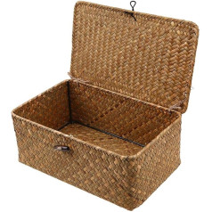 Esoes Rattan Storage Basket Wicker Storage Box with Lid, Sea Grass, Laundry Baskets, Makeup Organiser for Bathroom, Living Room, Kitchen