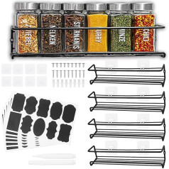 HOMGEN Spice Rack, 4 metāla piekaramo plauktu komplekts garšvielu burciņām, virtuves plaukts, bez urbšanas, virtuves plaukts skapja durvīm, pie sienas, ar 4 etiķešu komplektu, 1 krīta pildspalvu un līmi, melns