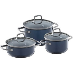 WMF Fusiontec Essential Induction 3-Piece Saucepan Set with Glass Lid, Induction Pots Set, High-Tech Ceramic, Scratch-Resistant, Uncoated, Dark Blue