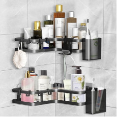 Duschablage Ohne Bohren 2 Teiliges Set Duschregal Ecke Schwarz Mit 8 Hakenselbstklebender Duschgel Ablage Shampoo Duschkorb Organizer Bad Regal Eckregal Dusche Halterung Für Badezimmer Und KüChe