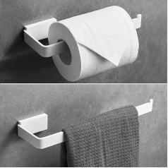 Beelee BA193DET Towel Holder/Toilet Paper Holder Bathroom Accessory Set, Stainless Steel Wall Mounted 19 cm Bath Towel Holder and 26 cm Toilet Paper Holder, White Paint, Set of 2