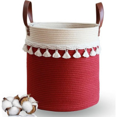 Lauatiiu Large Cotton Rope Basket, H40 x D37 cm, Natural, Toy, Laundry and Blanket Organiser, Gift Basket for Nursery. Patented (Burgundy Red & Beige)