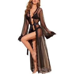 ROSVAJFY Sieviešu caurspīdīgs kimono halāts Ilgs apakšveļas halāts Mežģīņu peldkostīms Pludmales kleita Sexy Mesh Dressing Gown kleita Caurspīdīgs Babydoll Negligee Cardigan ar jostu