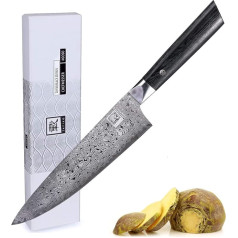 zayiko Black Edition Damaska nazis virtuves nazis Gyuto | 20 cm asmens izgatavots no 67 eleganta tumša damaska tērauda slāņiem un Pakka koka roktura | Premium virtuves nazis un profesionāls virtuves nazis