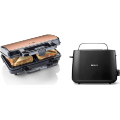 Bestron ASM90XLCO XL Sandwich Maker, Non-Stick Toaster for 2 Sandwiches, 900 Watt, Black/Copper, Metal & Philips HD2581/90 Toaster, Integrated Bun Attachment, 8 Browning Levels, Black