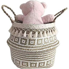 Szetosy Natural Seagrass Storage Basket - GoodChanceuk Seagrass Woven Basket with Pom Poms - Salokāms austs grozs ar rokturi veļas mazgāšanai, rotaļlietām, stādu audzētājiem, bērnistabai