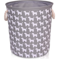 Grauen Aufbewahrungsbox aus Leinen mit Hund Muster - qualitativ hochwertiger Korb zur Aufbewahrung im Haushalt mit weiß Hunde. 40cm Durchmesser x 45cm Höhe