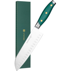 linoroso 15 cm Santoku nazis Gaļas virtuves virtuves nazis Āzijas šefpavāra nazis Vācu kapāšanas nazis, izgatavots no nerūsējošā tērauda ar ergonomisku zaļu rokturi, kas bagāts ar oglekli, un paredzēts virtuvei un restorānam