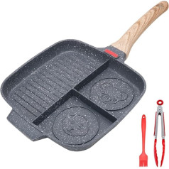 Bobikuke Multi Grill panna, indukcijas, steiku panna, 3-in-1 nesadalāms pārklājums, sadalāma panna brokastīm, steikiem, bekonam, saderīga ar visu veidu plītīm, 27 x 24 cm (melna)